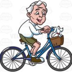 An old man with white hair, wearing a white sweatshirt, olive green shorts, brown with white sneakers, rides a bicycle with blue body paint, a brown basket attached in front, with his white pet dog inside, opens his mouth to smile